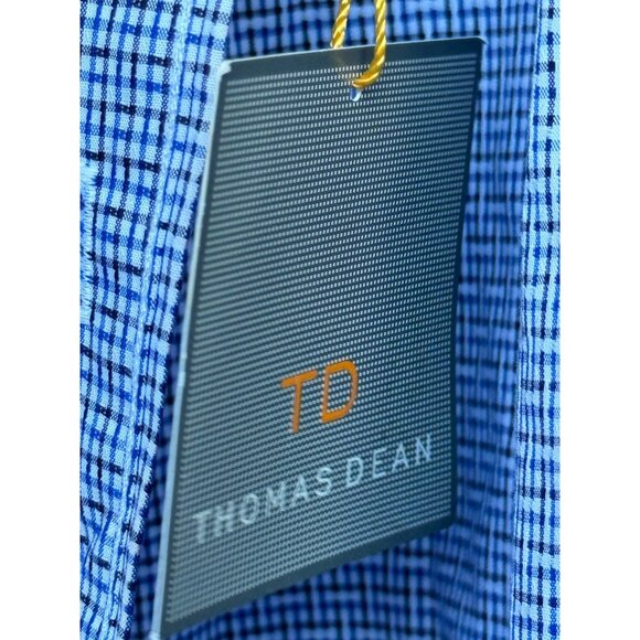 NWT Thomas Dean Mens Long Sleeve Button-Up Shirt Large Blue Checkered Pima Cotto - Picture 5 of 10